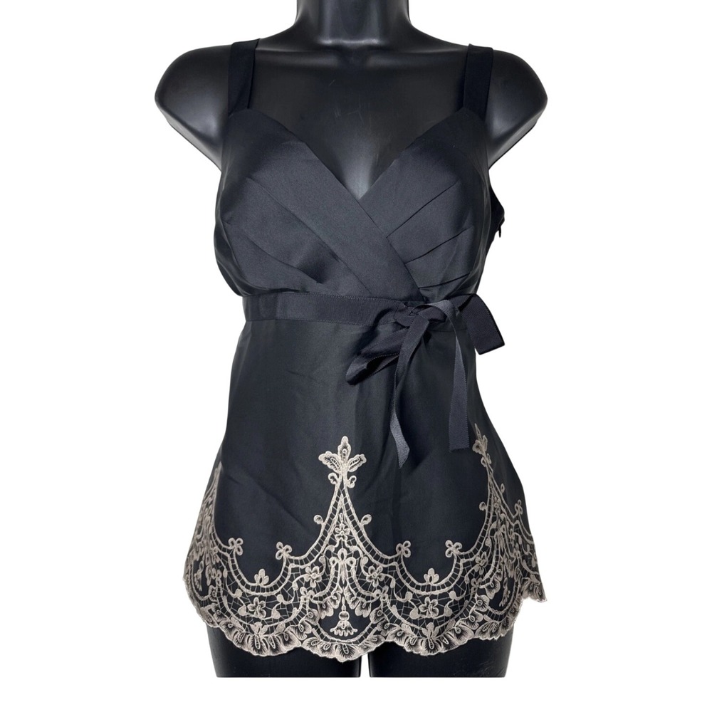 Y2K Ann Taylor Loft Blouse Womens 10 Black Lace Side Tie Tank Cami Camisole